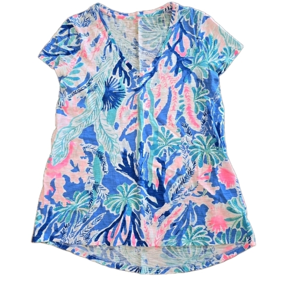 Lilly Pulitzer Etta V Neck Top Jet Stream Blue Pink Size XXSMALL Cotton Beach - Picture 3 of 6
